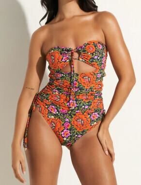 Dawn Marie Floral One Piece Black Orange Halter Ruched Y2K Swim Size XL